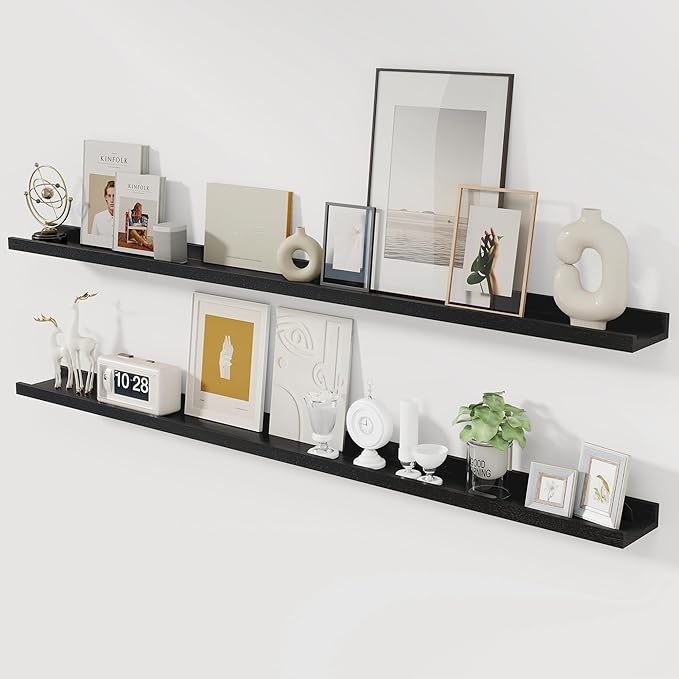 Solid Ash Wood Picture Ledge Shelf, Floating Shelves Set of 2, 56 Inch Long Large Ledge Shelves, Nursery Book Shelves Wall Mounted for Living Room Bedroom Kitchen Decor Kids Bookshelf, Black