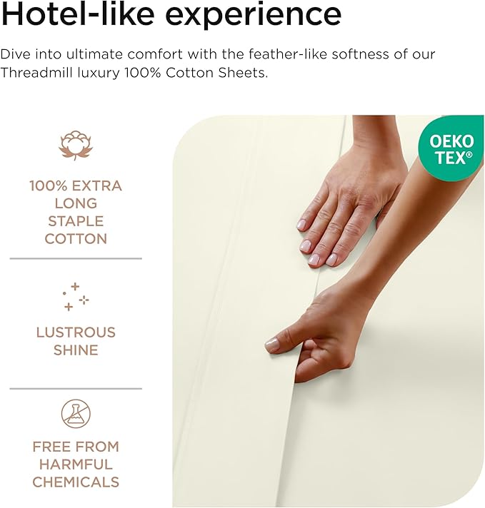 Threadmill 100% Cotton Sheets for Twin Size Bed - 600 Thread Count Twin Bed Sheets Set with 15” Deep Pocket - Sateen Weave 3-Piece Bedding Set with Cooling Effect, Ivory