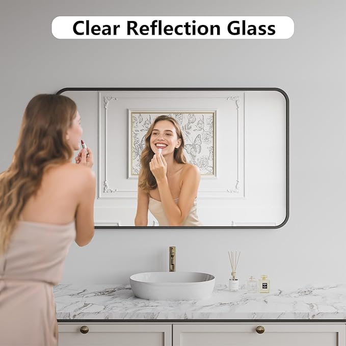 Koonmi Bathroom Mirror, 30X50 Brushed Black Rectangle Wall Mirror, HD Tempered Glass, Anti-Rust Frame Vanity Mirror, Rounded Rectangle Mirror for Restroom, Bedroom, Hangs Horizontal or Vertical