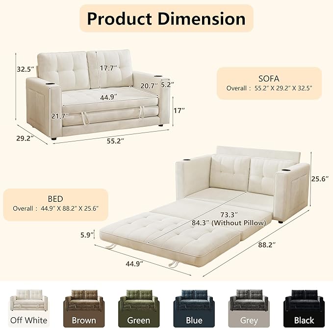 Convertible Sofa Bed, Pull Out Loveseat Sleeper Sofa, 2 in1 Folding Couch Bed Floor Sofa Couch for Small Spaces, Fold Out Floor Bed with Pillows for Living Room Bedroom - Beige