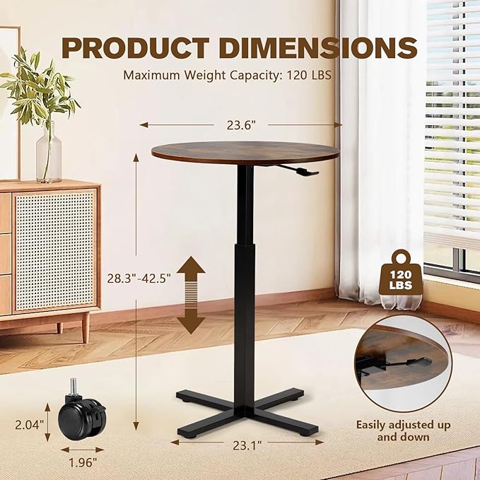 Bar Table,Round Dining Table with Height Adjustment,23.8-Inch Top, 41 Inch Adjustable Range, Comes with 4 Wheels, Ideal for Small Bar & Café, Rustic Brown