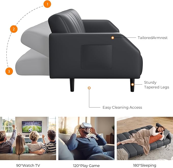 Fadware Faux Leather Couch, Convertible Futon Sofa Bed with Adjustable Backrest, Mid Century Leather Sofa Loveseat with Side Pockets& Metal Leg, Modern Leather Sleeper Sofa for Living Room Bedroom
