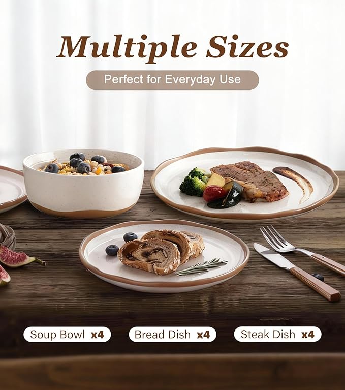 Lareina Plates and Bowls Set, 12 Pieces Farmhouse Ceramic Dinnerware Sets, Scratch Resistance, Dishwasher Microwave Safe, Vanilla White