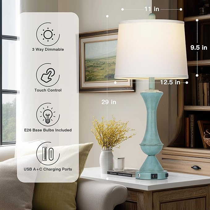 29" Tall Blue Table Lamps Set of 2 for Living Room, Touch Control Bedroom Lamps for Nightstand, 3-Way Dimmable Bedside Lamp with USB A+C Port &AC Outlets(2 LED Bulbs Included)