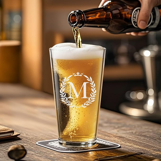 Personalized Beer Glasses Gifts for Men, 16 oz Pint Glasses Monogrammed A-Z Drinking Glass Cups Customized Gift, Unique Christmas Anniversary Birthday Gifts for Men Him Dad Brother Husband Grandpa (M)