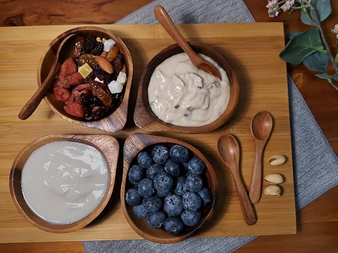 3¾" mini Acacia Wood Bowl with Tip-Supported Holding in small size for Condiments, Dip Sauce, Nuts, Candy, Fruits, Appetizer, and Snacks, Dia 3¾"x 1½" H - Set of 4 (FREE 4 Wood Spoons)