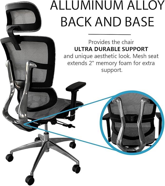ErgoMax 53 in Tall Black Ergonomic Adjustable Office Chair w/Aluminum Back and Base, Ergonomic Chair with Headrest and Lumbar Support