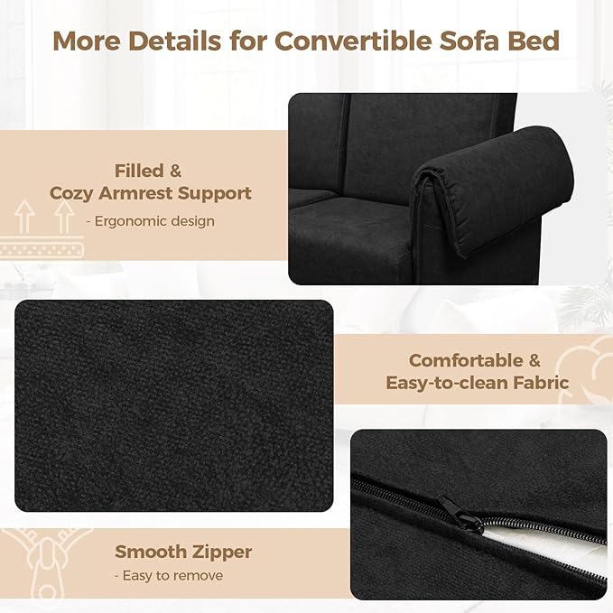 FHFO 65" Loveseat Sleeper Couch for Small Spaces, 3 in 1 Pull Out Sofa Bed Convertible Sleeper Sofa Comfy Sofabed for Living Room, Bedroom, Apartment (Black)