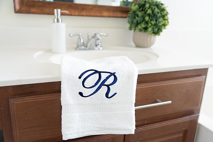 White Monogrammed Hand Towels for Bathroom - Luxury Hotel Quality Personalized Initial Embroidered Towel for Powder Room, Spa - GOTS Organic Certified - Pack of 2 Navy, Letter R