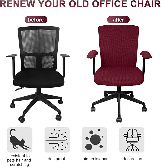 Tallew 4 Pcs Office Chair Covers Set Computer Universal Protective Stretchable Chair Seat Covers Desk Armrest Slipcovers Pads Office Cushion Backrest for Rotating (XL,Burgundy)