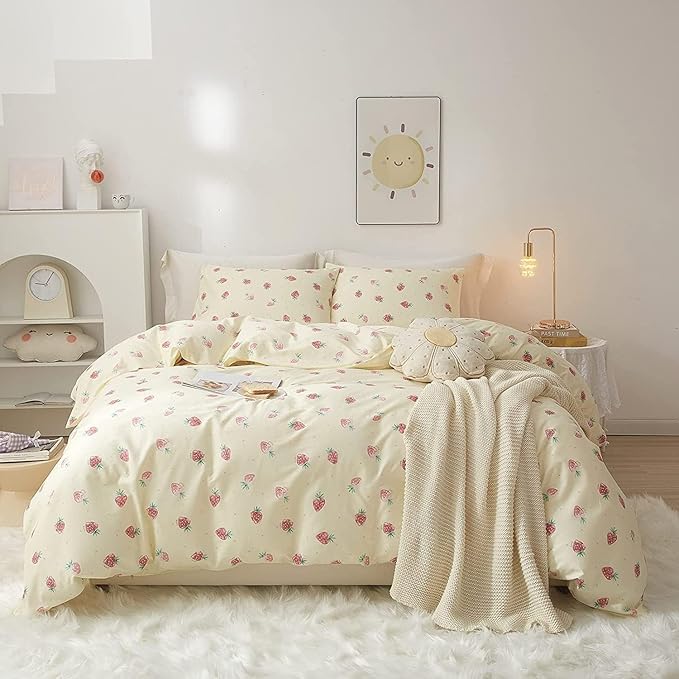 Kawaii Kids Strawberry Bedding Sets - Twin Duvet Cover & 2 Pillowcases, Soft 100% Cotton Comforter, Cream White