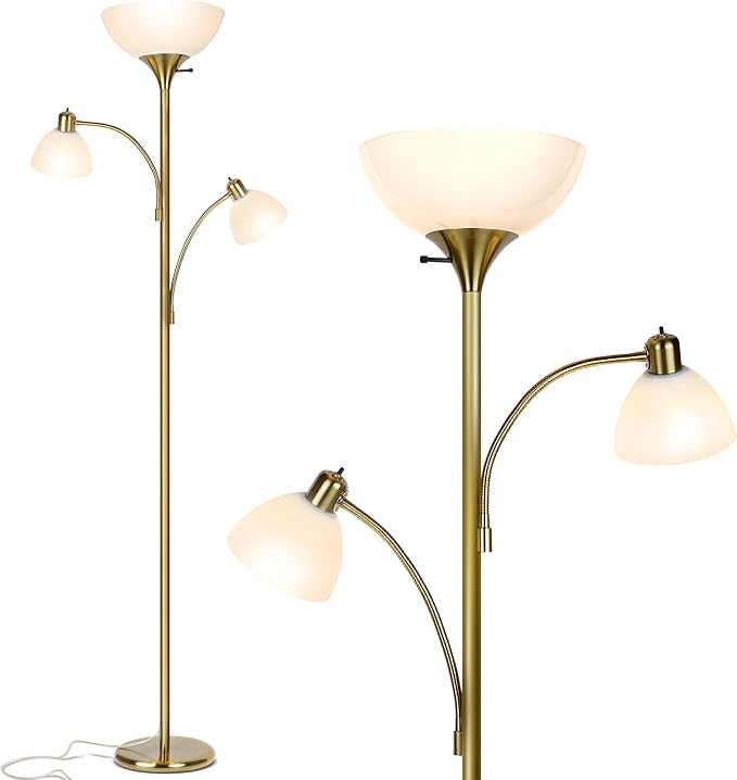Brightech Sky Dome Double LED Floor lamp, Torchiere Super Bright Floor Lamp with 2 Reading Lamps for Living Rooms & Offices - Dimmable Tall Standing Lamp for Bedroom Reading - Tall Brass Pole
