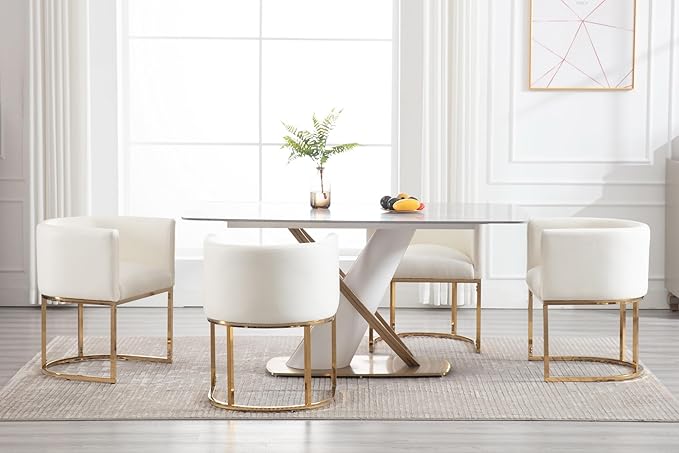 Faux Leather Dining Chairs Set of 2 Modern Barrel Arm Chairs with Golden Metal Frame, Upholstered Kitchen Chairs 18.5" Wide Accent Chairs for Living Room Dining Room Restaurant, White