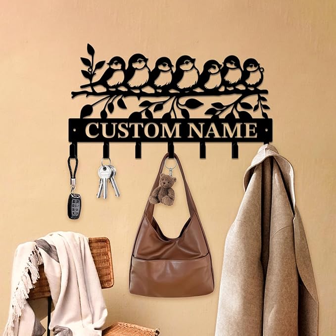 Personalized Custom Name Birds of Trees Wall Key Hooks,Metal Birds of Trees Art Clothes Hooks,Metal Birds of Trees Wall Home Storage Decorative,For Front Door, Hallway, Kitchen, Bedroom (Style C)