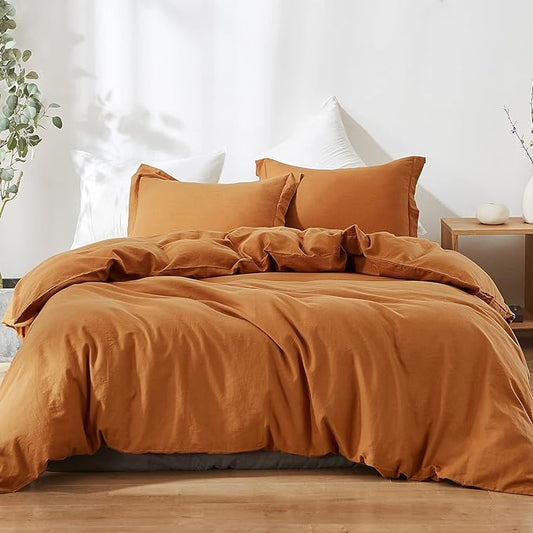 Simple&Opulence French Linen Duvet Cover Set 104"x 98"- 3 Pieces (1 Comforter Cover,2 Pillowcases)-Natural Flax Cotton Blend-Solid Color Breathable Farmhouse Bedding-Rust,California King