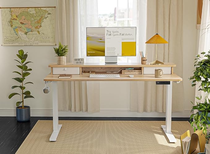 FEZIBO 40 x 24 Inch Height Adjustable Electric Standing Desk with Double Drawer, Computer Desk, Home Office Stand Up Table with 4 Height-Adjustable Feets & 2 Hooks, Maple