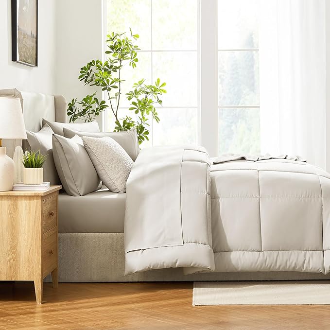 CozyLux Twin XL Comforter Set Beige, 5 Pieces Twin Extra Long Bed in a Bag for College Dorm, All Season Bedding Set with Stitch Quilted Comforter, Flat Sheet, Fitted Sheet, Pillowcases