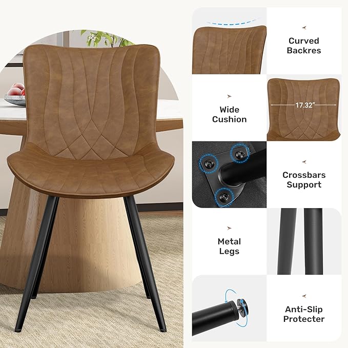 Dining Chair Set of 6 PU Leather Dining Room Chairs Upholstered Comfy Dining Chairs Modern Kitchen Armless Side Chair with Sturdy Metal Legs,Brown