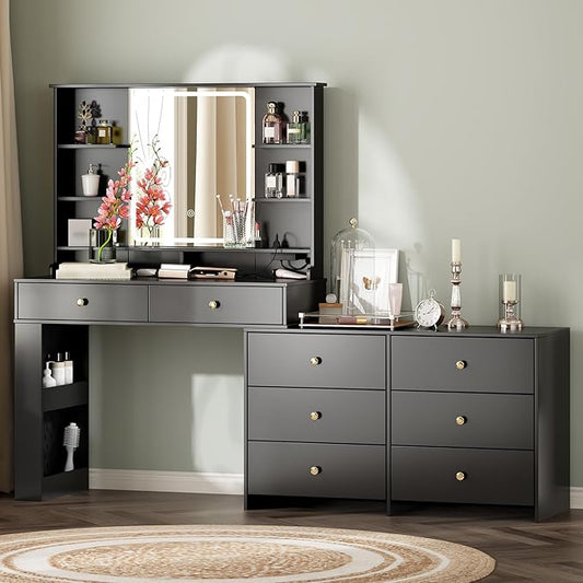 Makeup Vanity Desk with Mirror and Lights, Vanity Desk with 8 Drawers & Storage Shelves, Vanity Table with Power Outlet, 3 Color Modes & Adjustable Brightness Dressing Table, Bedroom,Jet