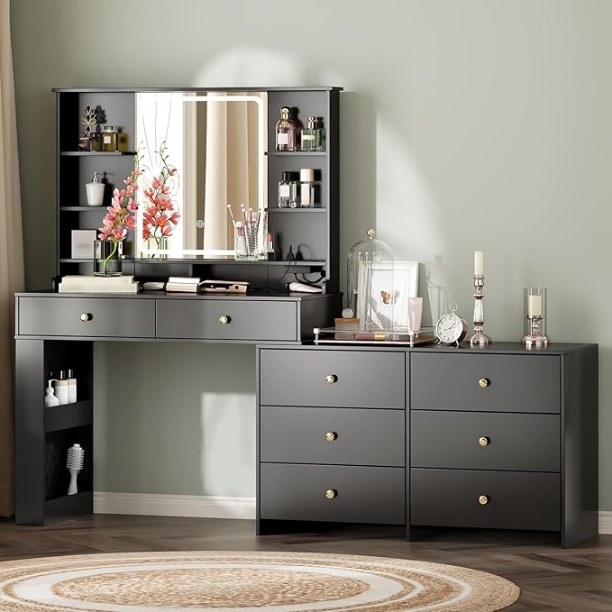 Makeup Vanity Desk with Mirror and Lights, Vanity Desk with 8 Drawers & Storage Shelves, Vanity Table with Power Outlet, 3 Color Modes & Adjustable Brightness Dressing Table, Bedroom,Black