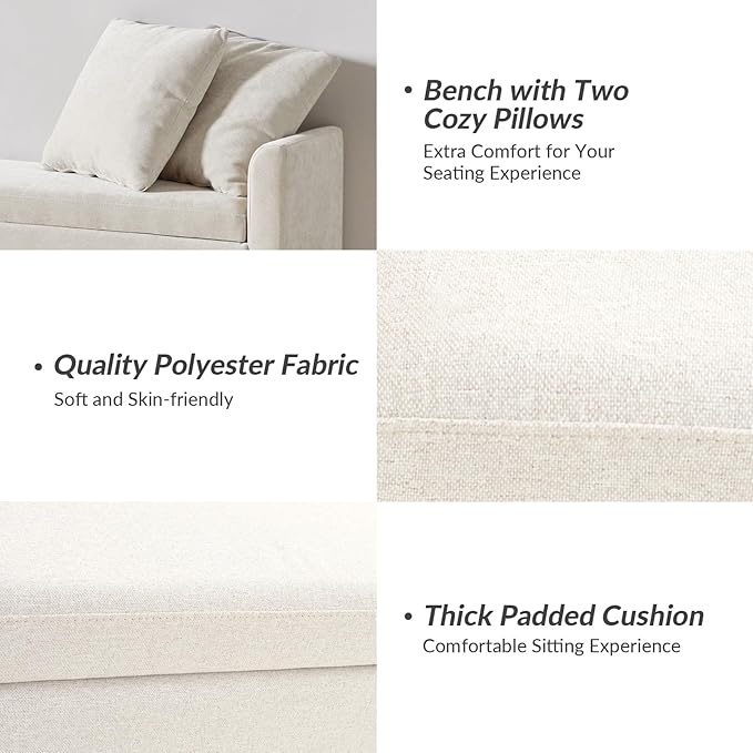 HULALA HOME Modern Storage Bench with Throw Pillows, 59.4" Extra Long Bedroom Ottoman Bench for End of Bed, Comfy Upholstered Footstool for Entryway Living Room Dining Room, Linen