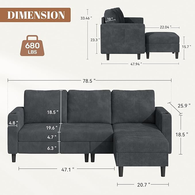 Upholstered Sectional Sofa and Couches, 78'' L Shaped 3-seat Sofa for Living Room, Apartment, Lounge,Bedroom-Washable Covers Convertible Sofas(Corduroy, Dark Gary)