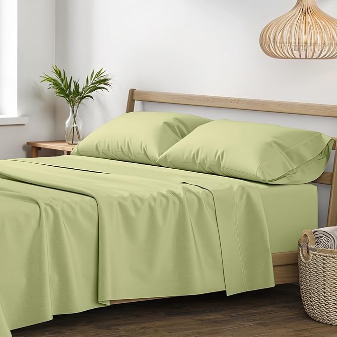 XOOX Linen 100% Egyptian Cotton Sheets California King Size - 1200 Thread Count 4 PC Cal King Sheet Egyptian Cotton, Cooling Sateen Sheet, High Thread Count Sheets California King - Sage Green