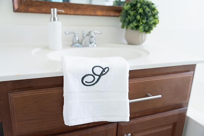 White Monogrammed Hand Towels for Bathroom - Luxury Hotel Quality Personalized Initial Embroidered Towel for Powder Room, Spa - GOTS Organic Certified - Pack of 2 Dark Gray, Letter S