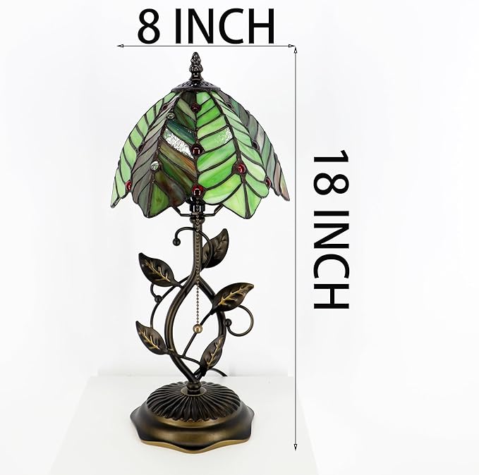 Small Tiffany Lamp Brown Green Coconut Leaves Style Stained Glass Table Lamps Desk Bedside Reading Light 8X8X18 Inches with Bronze Metal Leaf Resin Base