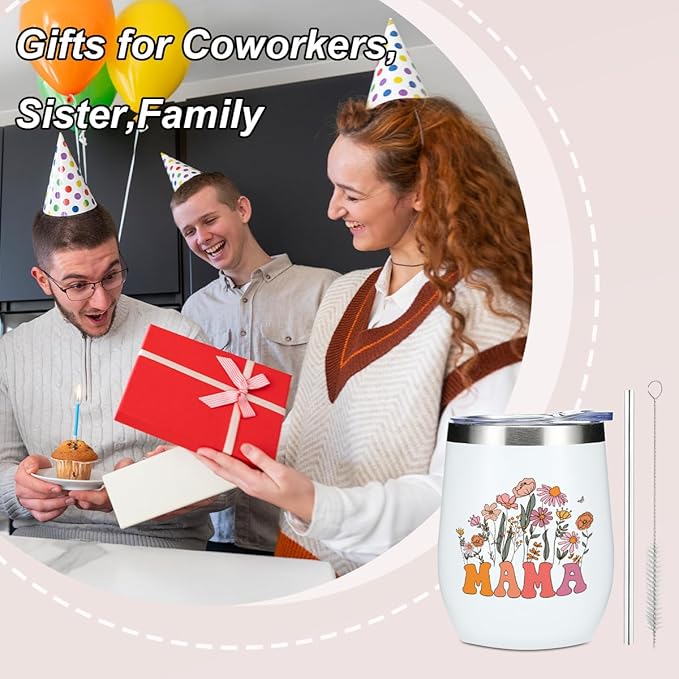 Mama Gifts Wine Tumbler 12 oz Insulated Wine Glass Cup with Lid Straw Vacuum Insulated Travel Cup,Mom Birthday Gifts from Daughter Husband, Gift for Women Mom Mommy Mother Christmas Halloween