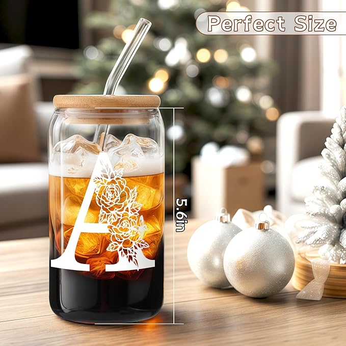 Birthday Gifts for Women: DWTS Initial Glass Cup as Office Graduation Memorial Holiday Personalized Gifts - for Husband Aunt Uncle Teen Boy Employee Coworkers Him and Her - A Aesthetic Cup