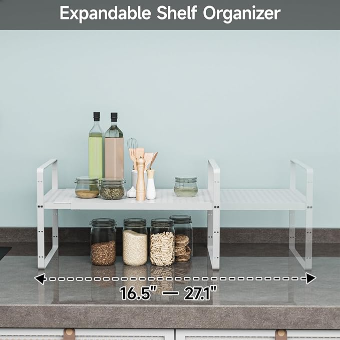 2Pack 16.5-27’’L Expandable Cabinet Countertop Shelf Organizer, Stackable Metal Shelves, Kitchen Organizers and Storage, White Storage Spice Rack for Pantry and Cupboard