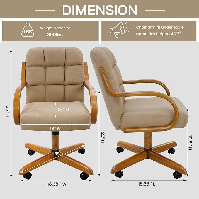 Chromcraft Douglas Set of 1 Casual Dining Chair Caster Swivel Tilt Fabric Dinning Chair Ultra Comfortable Sturdy Kitchen Chair with Rolling Wheels for Home Kitchen(Light Brown-Chestnut)