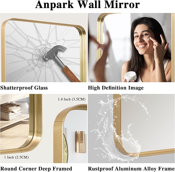 Wall Mirror 30" x 40" for Bathroom Gold Metal Deep Frame Rectangular Round Corner Wall Mounted Vanity Mirror for Bedroom Living Room Entryway Wall Decor