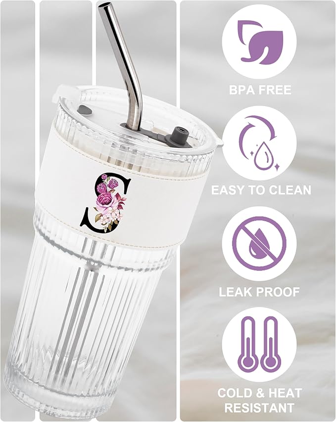 Alphabet Glass Cup with Lid Straw Ribbed Ice Tea Coffee Latte Clear Cute Stuff Women Tumbler Wife Wifey Girlfriend Gf Romantic Personalized Custom Funny Valentines Anniversary Special Day Gift S