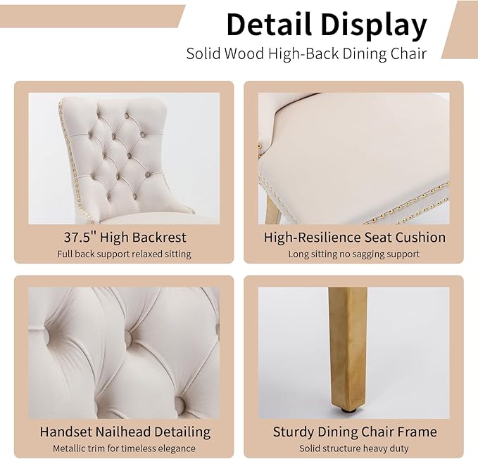 Luxury Upholstered Dining Chairs Set of 4, Beige Kitchen Chair with Golden Metal Legs, Velvet Tufted Back Dining Chair, Sillas de Comedor, Modern Kitchen & Dining Room Chairs (Beige, 4 Pcs)