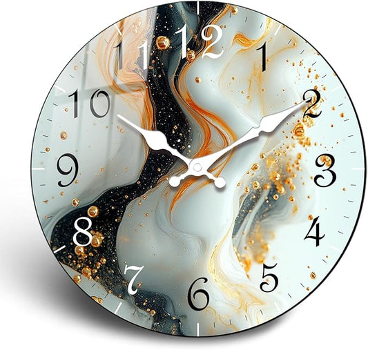 Marble Texture Battery Wall Clock 24 Inch Extra Large Clocks for Living Room Decor Round Quite Wall-Clock Non Ticking Wooden Clock