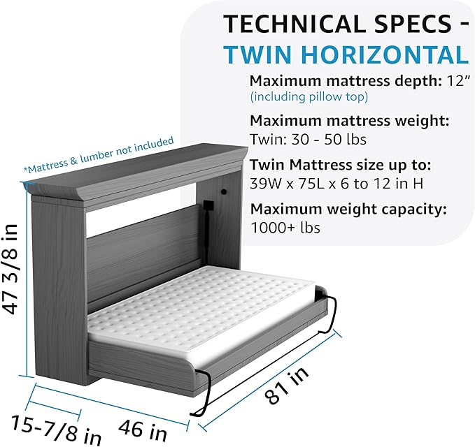 Create-A-Bed Twin Size Deluxe Murphy Bed Kit, Horizontal