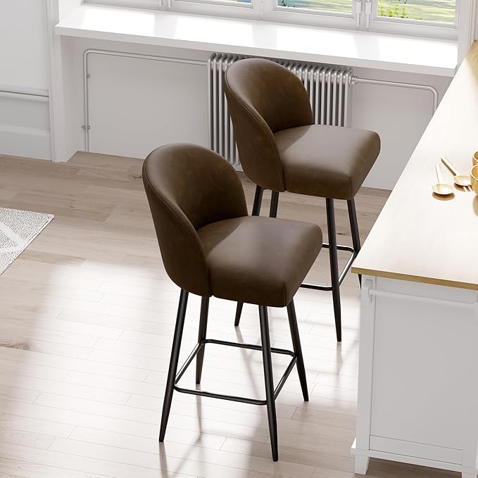 Counter Height Bar Stools Set of 4,360° Swivel Barstools with High Back and Metal Legs,26" Seat Height, Upholstered PU Leather Bar Chairs for Kitchen Island, Dining Room,Cafes,Dark Brown