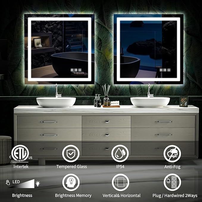 LED Mirror for Bathroom, 36x36 Inch Backlit + Front Lighted Bathroom Vanity Mirror with Lights for Wall, Double Light Strips, 3 Colors, Shatter-Proof, Anti-Fog and Brightness Memory