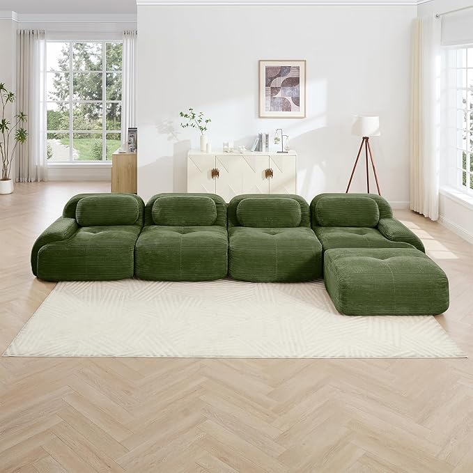 152" Modern Corduroy Cloud Sofa with Ottoman, L Shaped Boneless Modular Large Sectional Couches for Living Room, Green 4 Seater Compressed Memory Foam Couch, Extra Deep Seat, No Assembly