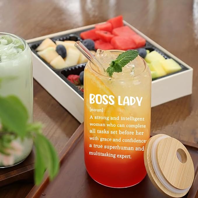 Boss Lady Glass Cup - 16oz with Lid and Straw, Thank You Boss Gift, Coworker Farewell Present