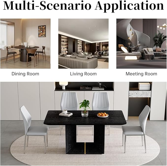 63" Modern Black Dining Table Set for 4 with Chairs, 5 Piece Rectangular Dining Room Table and 4 PU Leather Chairs, Kitchen Dining Set with Matte Wood Finish, Geometric Base, Easy Assembly