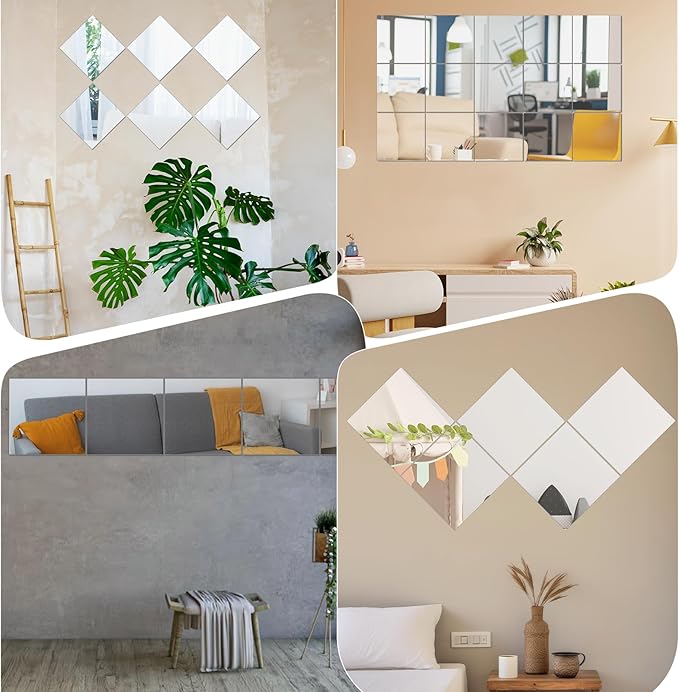 16 Packs Home Gym Mirrors 12'' x 12'' Wall Mounted Mirror Tiles, Square Large Wall Mirror Frameless Full Length Mirror for Home Gym, Bedroom, Door, Bathroom, Living Room