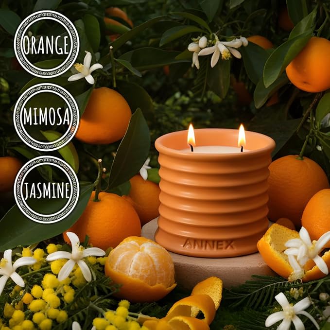 Scented Luxury Candles in Handmade Ceramic Jars, Soy Wax | Orange Blossom – Orange & Mimosa, Large Candle | Non Toxic, 2 Wicks, Reusable Big Orange Jar | Natural Spring Aromatherapy for Women & Men