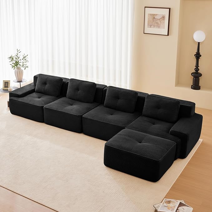 150" Modern Compressed Boneless Couch with Ottoman, 4 Seater Large L Shaped Sectional Couches for Living Room, Black Corduroy Cloud Modular Sectional Sofa, Memory Foam, Extra Deep, No Assembly