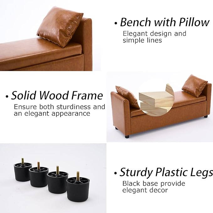 Storage Bench for Bedroom, 55" Long Bench for King Size Bed, Modern Upholstered End of Bed Ottoman Bench with Arms for Entryway Living Room (Faux Leather - Camel Brown)