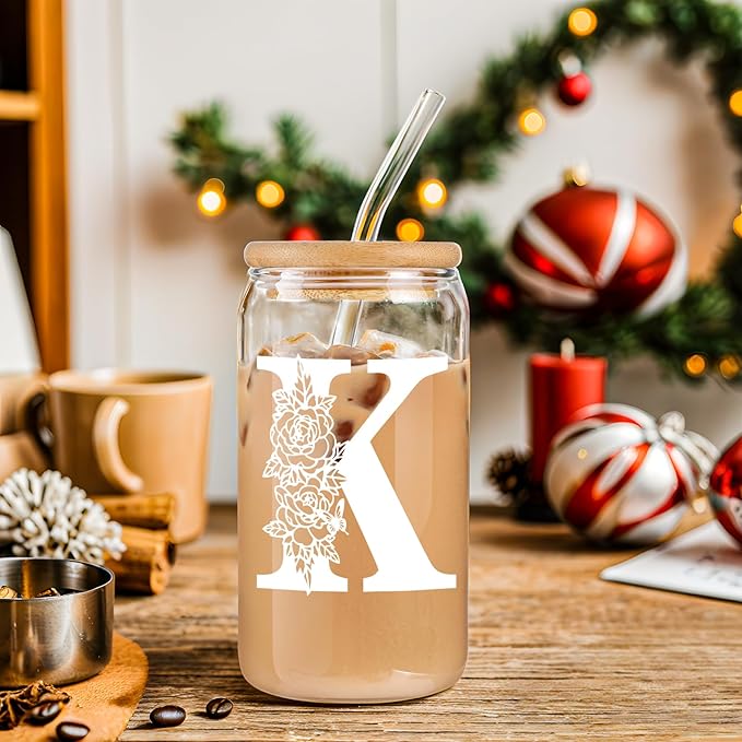 Gifts for Women Birthday Christmas Decorations：Initial Glass Cup as Office Graduation Memorial Personalized Gifts - for Mom Teens Wife Girlfriend Sister Daughter Gifts - K Aesthetic Cup