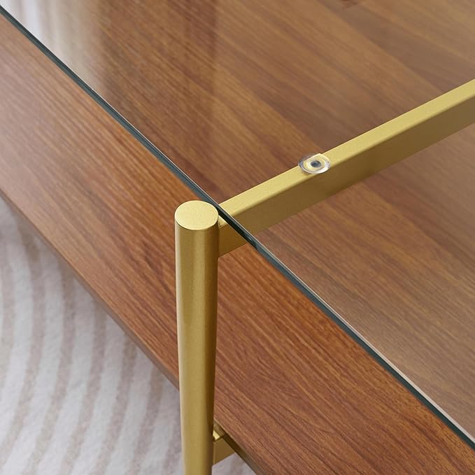 Extra Large Rectangle Glass Coffee Table, Mid-Century Modern Design, for Living Room, L47 x W24 x H17 Inch, Clear Glass Top and Walnut MDF Shelf, Sleek Conical Metal Legs with Gold Finish