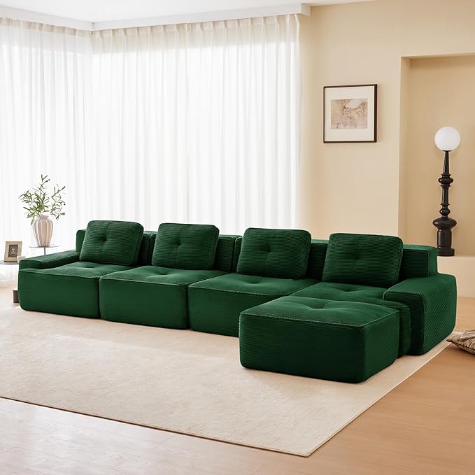 150" Modern Corduroy Cloud Sofa with Ottoman, L Shaped Boneless Modular Large Sectional Couches for Living Room, Green 4 Seater Compressed Memory Foam Couch, Extra Deep Seat, No Assembly